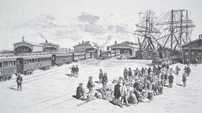1860 के दशक (लिथो) के दौरान अंतरमहाद्वीपीय रेलमार्ग पर काम करने के लिए सैन फ्रांसिस्को पहुंचने वाले चीनी अप्रवासी या 'कुली' द्वारा अमेरिकी स्कूल
