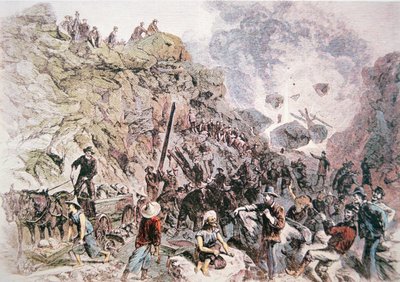 सेंट्रल पैसिफिक रेलरोड के निर्माण में मदद करने वाले चीनी श्रमिकों ने 1869 (कलर लिथो) पूरा किया द्वारा अमेरिकी स्कूल
