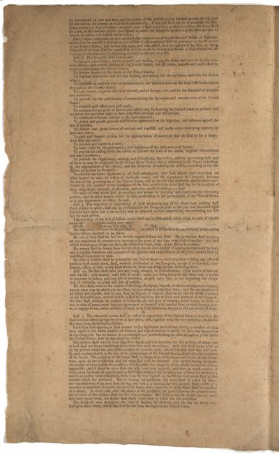 संविधान, पहला मुद्रण, डनलप एंड क्लेपोले, 17-19 सितंबर 1787 द्वारा मुद्रित (जीएलसी 695933, जीएलसी 695935 और जीएलसी 695936 देखें) द्वारा अमेरिकी स्कूल