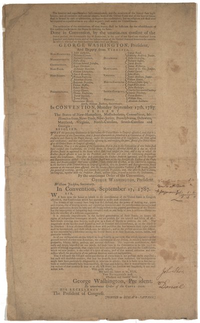 संविधान, पहला मुद्रण, डनलप और क्लेपोले द्वारा मुद्रित, 17-19 सितंबर 1787 (जीएलसी 695933, जीएलसी 695934 और जीएलसी 695935 देखें) द्वारा अमेरिकी स्कूल