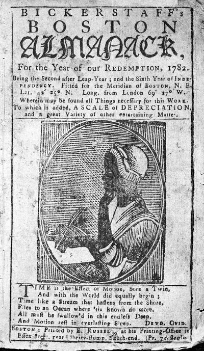 बिसलस्टाफ के कवर बोस्टन अलमनैक ने फिलिस व्हेटली (1753-84) का एक चित्र पेश किया जो 1782 (प्रकाशित) द्वारा अमेरिकी स्कूल