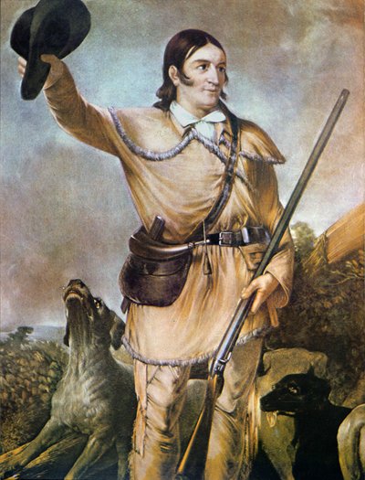 डेविड (डेवी) क्रॉकेट (1786-1836) 1836 में अपने शिकार कुत्तों के साथ (रंग लिथो) द्वारा अमेरिकी स्कूल