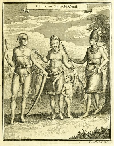 केप लोप गोंसाल्वो और रियो गैबॉन के लोगों की पोशाक, थॉमस एस्टली द्वारा 1745-47 में "हैबिट्स ऑन द गोल्ड कोस्ट" का चित्रण। द्वारा अमेरिकी स्कूल