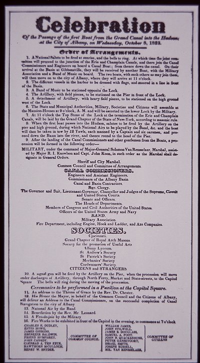 एरी नहर: न्यूयॉर्क राज्य नहर प्रणाली का मुख्य भाग; 8 अक्टूबर 1823 का चौड़ा हिस्सा अपने उद्घाटन का जश्न मना रहा है (1825 में पूरा हुआ) (लिथो) द्वारा अमेरिकी स्कूल