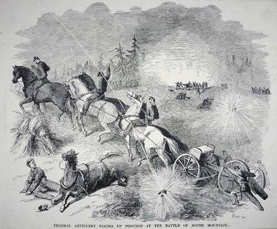 सितंबर 1862 (उत्कीर्णन) दक्षिण पर्वत की लड़ाई में स्थिति लेते हुए संघीय तोपखाने द्वारा अमेरिकी स्कूल