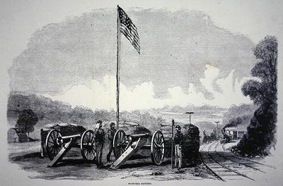 अमेरिकी गृहयुद्ध (1861-65) (लिथो) के दौरान रेलमार्ग की सुरक्षा के लिए संघीय रेत-बैग बैटरी द्वारा अमेरिकी स्कूल