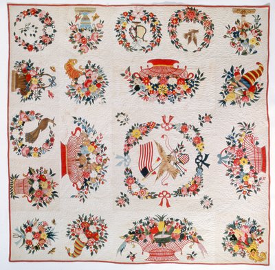 झंडा और फूल रजाई, c.1860 (कपास) द्वारा अमेरिकी स्कूल
