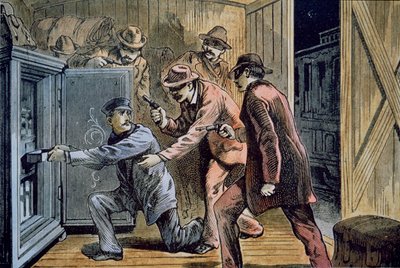 फ्रैंक और जेसी जेम्स गैंग ने 1879 में एक ट्रेन की एक्सप्रेस कार लूट ली (कलर लिथो) द्वारा अमेरिकी स्कूल