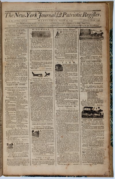 न्यूयॉर्क जर्नल और पैट्रियट रजिस्टर का फ्रंट पेज, 21 अगस्त 1793 द्वारा अमेरिकी स्कूल