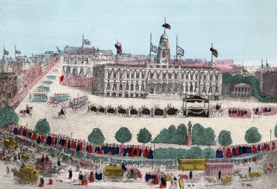 अब्राहम लिंकन का अंतिम संस्कार, 25 अप्रैल 1865 को न्यूयॉर्क, पब में। 1865 (हाथ के रंग का उत्कीर्णन) द्वारा अमेरिकी स्कूल