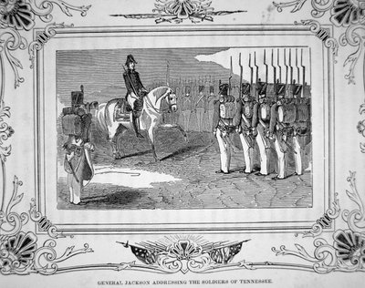 27 मार्च 1814 को हॉर्सहो बेंड की लड़ाई से पहले जनरल एंड्रयू जैक्सन टेनेसी मिलिशिया से बात करते हैं द्वारा अमेरिकी स्कूल