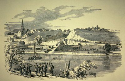 जनरल बैंक का (1816-94) यूनियन डिवीजन विलियमस्पोर्ट, मैरीलैंड से पोटोमैक को पार करते हुए, 1862 में जनरल जैक्सन (1824-63) के तहत कॉन्फेडरेट सेना पर हमला करने के लिए (लिथो) द्वारा अमेरिकी स्कूल