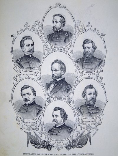 जनरल विलियम टेकुमसेह शर्मन (1820-91) और उनके कुछ केंद्रीय सेना कमांडर (उत्कीर्णन) द्वारा अमेरिकी स्कूल