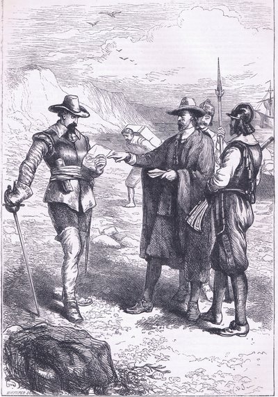 गॉर्टन की लैंडिंग (1646), कैसल्स हिस्ट्री ऑफ़ द यूनाइटेड स्टेट्स पब से चित्रण। पेटर और गैलपिन द्वारा c.1890 (लिथो) द्वारा अमेरिकी स्कूल