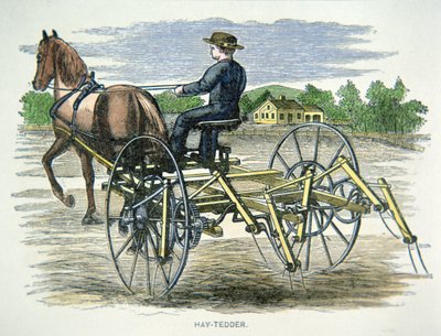हे-टेडर फार्मिंग मशीन, c.1880 (रंगीन उत्कीर्णन) द्वारा अमेरिकी स्कूल