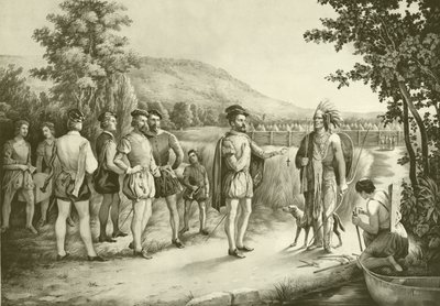 जैक्स कार्टियर, 1535 में मॉन्ट्रियल में होचेलगा में भारतीयों के साथ अपना पहला साक्षात्कार, c.1850 द्वारा अमेरिकी स्कूल
