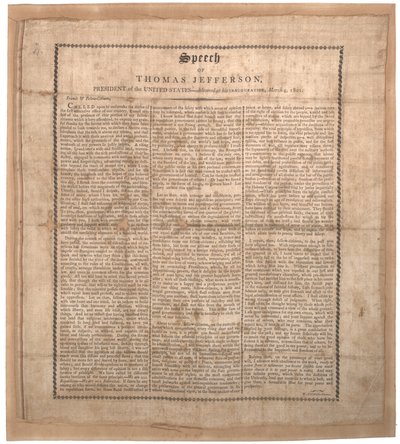 जेफर्सन पहले उद्घाटन भाषण, पेचिनी, बाल्टीमोर द्वारा मुद्रित, 4 मार्च 1801 (रेशम पर लिथो) द्वारा अमेरिकी स्कूल