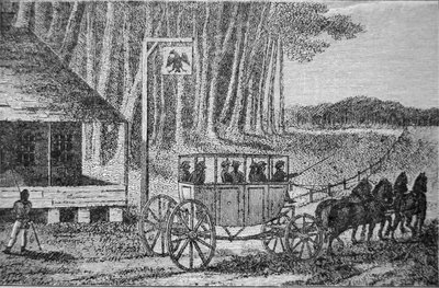 मेल कोच, आइजैक वेल्ड (1774-1856) 1795 (उत्कीर्णन) द्वारा 'ट्रैवल्स इन नॉर्थ अमेरिका' का चित्रण द्वारा अमेरिकी स्कूल