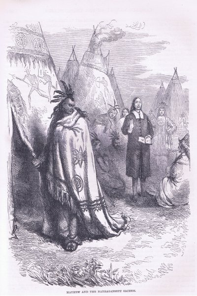 मेयू एंड द नारगांसेट 1674, कैसल्स हिस्ट्री ऑफ़ द यूनाइटेड स्टेट्स पब से चित्रण। पेटर और गैलपिन द्वारा c.1890 (लिथो) द्वारा अमेरिकी स्कूल