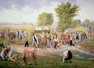 1856 में साल्ट लेक सिटी की लंबी यात्रा पर ठेले खींचने वाले मॉर्मन अग्रदूत (कलर लिथो) द्वारा अमेरिकी स्कूल