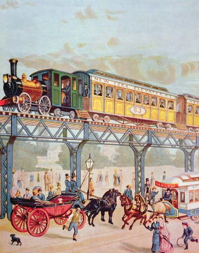 न्यूयॉर्क एलिवेटेड रेलवे, c.1880 (कलर लिथो) द्वारा अमेरिकी स्कूल
