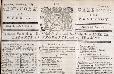 स्टैम्प के विरोध की घोषणा करते हुए न्यूयॉर्क गजट मास्टहेड, 7 नवंबर 1765 मुद्रित (प्रिंट) द्वारा अमेरिकी स्कूल
