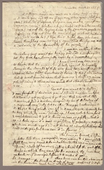 पृष्ठ 1, अबीगैल एडम्स का जॉन एडम्स को पत्र, 31 मार्च - 5 अप्रैल 1776 (कागज पर स्याही) द्वारा अमेरिकी स्कूल