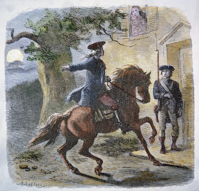 18 अप्रैल 1775 की रात को पॉल रेवरे की प्रसिद्ध सवारी (कलर लिथो) द्वारा अमेरिकी स्कूल