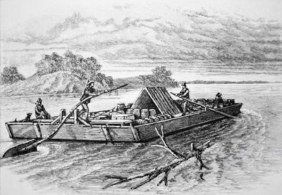 मिसिसिपी नदी पर पायनियर फ्लैटबोट, c. 1840 (उत्कीर्णन) द्वारा अमेरिकी स्कूल