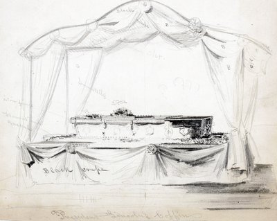 व्हाइट हाउस, वॉशिंगटन डीसी, अप्रैल 1865 में राष्ट्रपति अब्राहम लुटियंस कॉफिन झूठ बोलना, कागज पर पेंसिल (स्याही और धुलाई) द्वारा अमेरिकी स्कूल