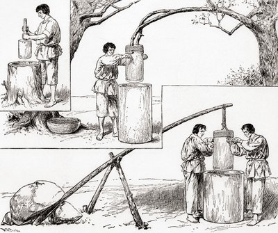 1884 में प्रकाशित 'द सेंचुरी इलस्ट्रेटेड मंथली मैगज़ीन' से मकई पीसने के आदिम तरीके (लकड़ी की नक्काशी) द्वारा अमेरिकी स्कूल