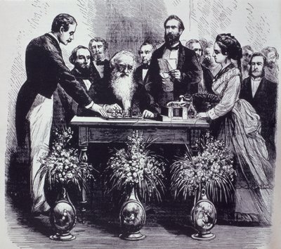 प्रोफेसर सैमुअल फिनाले ब्रेज़ मोर्स (1791-1872) ने अपने आविष्कार के कार्य की व्याख्या की द्वारा अमेरिकी स्कूल