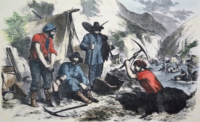 1849 के कैलिफ़ोर्निया गोल्ड रश के दौरान प्रॉस्पेक्टर्स (कलर लिथो) द्वारा अमेरिकी स्कूल