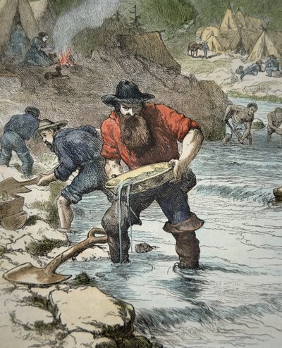 1849 के कैलिफ़ोर्निया गोल्ड रश (रंगीन उत्कीर्णन) के दौरान सोने के लिए पैनिंग करने वाले प्रॉस्पेक्टर्स द्वारा अमेरिकी स्कूल