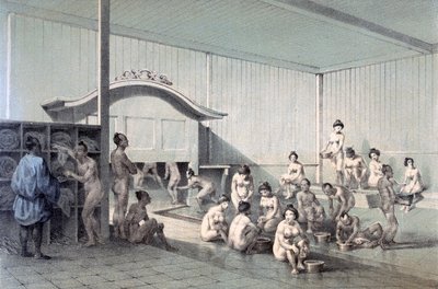 सिमोदा में सार्वजनिक स्नान, 1856 (रंगीन एक्वाटिंट) द्वारा अमेरिकी स्कूल