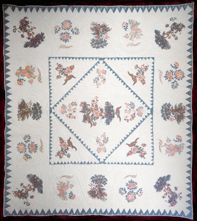 ब्रोडेरी पोज़ में रजाई, c.1800 (लागू, रजाई जमीन पर मुद्रित कपास) द्वारा अमेरिकी स्कूल