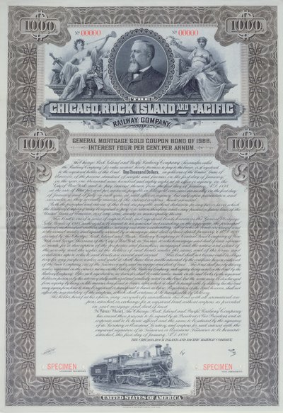 शिकागो, रॉक आइलैंड और पैसिफिक रेलवे कंपनी, 1898 के लिए 1000 डॉलर के लिए बॉन्ड प्रमाणपत्र द्वारा अमेरिकी स्कूल