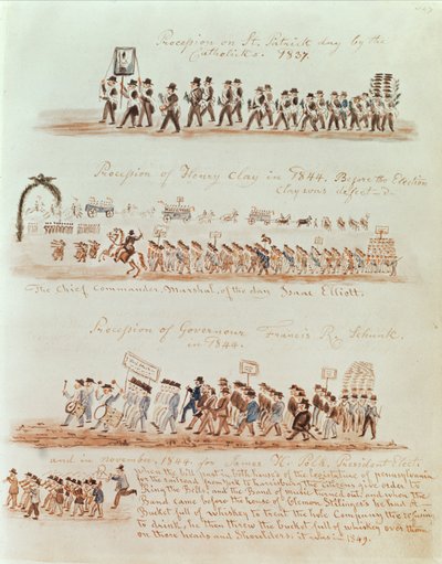 1837 में सेंट पैट्रिक दिवस जुलूस और 1844 में हेनरी क्ले, गवर्नर फ्रांसिस शंक और जेम्स पोल्क के लिए जुलूस (कागज पर स्याही और wc) द्वारा अमेरिकी स्कूल