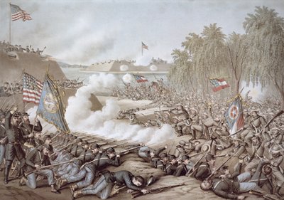 कुरिंथ की लड़ाई, 3-4 अक्टूबर 1862, कुर्ज़ और एलीसन (रंग लिथो) द्वारा उत्तर और दक्षिण के झंडे दिखाते हुए द्वारा अमेरिकी स्कूल