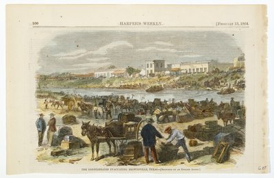 कॉन्फेडरेट्स इवैक्यूएटिंग ब्राउन्सविले, टेक्सास, c. 1864 (वोव वुड पल्प पेपर पर हाथ के रंग का लिथोग्राफ) द्वारा अमेरिकी स्कूल