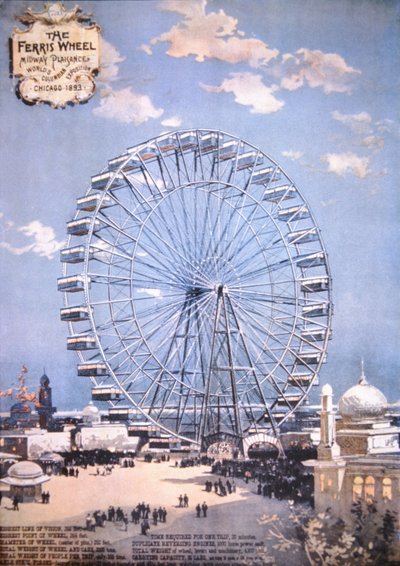 द फेरिस व्हील, मिडवे प्लेसेंस, वर्ल्ड्स कोलंबियन एक्सपोज़िशन, शिकागो 1893 (कलर लिथो) द्वारा अमेरिकी स्कूल