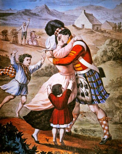 द हाइलैंडर्स रिटर्न, क्यूरियर एंड इवेस (कलर लिथो) द्वारा प्रकाशित द्वारा अमेरिकी स्कूल