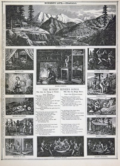 1849 के कैलिफ़ोर्निया गोल्ड रश से ईमानदार खान के गाने (लिथो) द्वारा अमेरिकी स्कूल