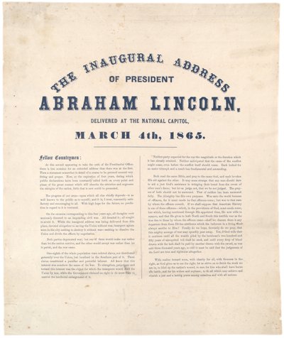 राष्ट्रपति अब्राहम लिंकन का उद्घाटन भाषण 4 मार्च 1865 को नेशनल कैपिटल में दिया गया द्वारा अमेरिकी स्कूल