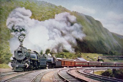 हॉर्स-शू कर्व पर न्यूयॉर्क से शिकागो एक्सप्रेस, एलेघनी, c.1930 (कलर लिथो) द्वारा अमेरिकी स्कूल