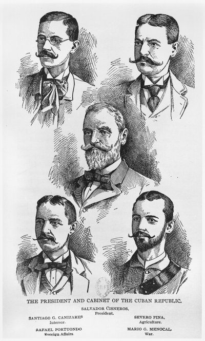 राष्ट्रपति सल्वाडोर सिसनेरोस बेटनकोर्ट (1828-1914) और क्यूबा गणराज्य के मंत्रिमंडल, सी। 1895, म्यूर हॉल्टस्टेड द्वारा द स्टोरी ऑफ़ क्यूबा की कहानी, वर्नर कंपनी, 1898 (उत्कीर्ण) प्रकाशित द्वारा अमेरिकी स्कूल