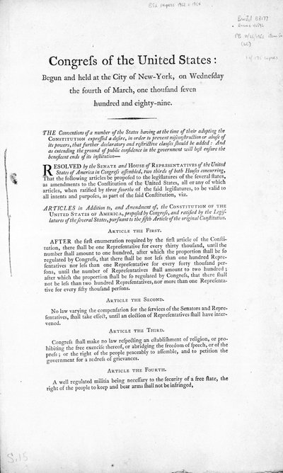यूनाइटेड स्टेट्स बिल ऑफ राइट्स, 1789 पूरा (प्रिंट) द्वारा अमेरिकी स्कूल