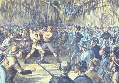 1889 में आखिरी नंगे अंगुली वाली मुक्केबाजी चैंपियनशिप की लड़ाई, जॉन एल। सुलिवन बनाम जेक किलरेन रिचबर्ग, मिसिसिपी में (कलर लिथो) द्वारा अमेरिकी स्कूल
