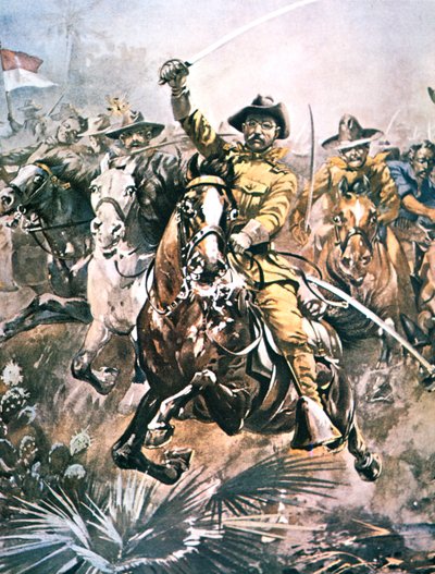 थियोडोर रूजवेल्ट ने स्पेनिश-अमेरिकी युद्ध के दौरान 'रफ राइडर्स' का नेतृत्व किया, डब्ल्यूजी रोड द्वारा एक पेंटिंग का विवरण द्वारा अमेरिकी स्कूल