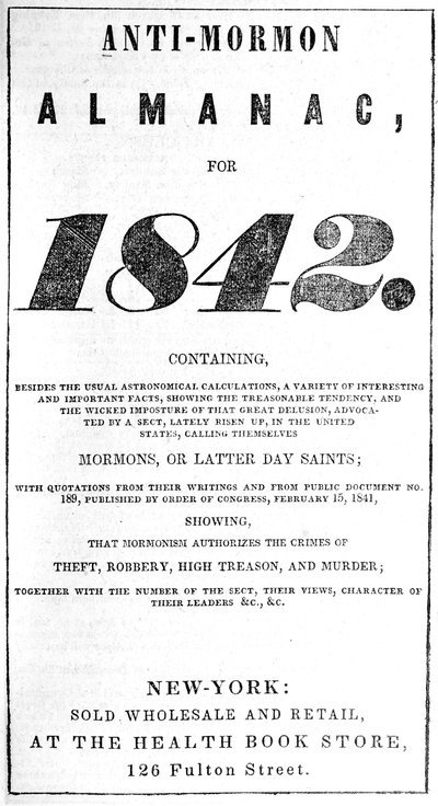 1842 के लिए एंटी-मॉरमन पंचांग का शीर्षक पृष्ठ (प्रिंट) द्वारा अमेरिकी स्कूल